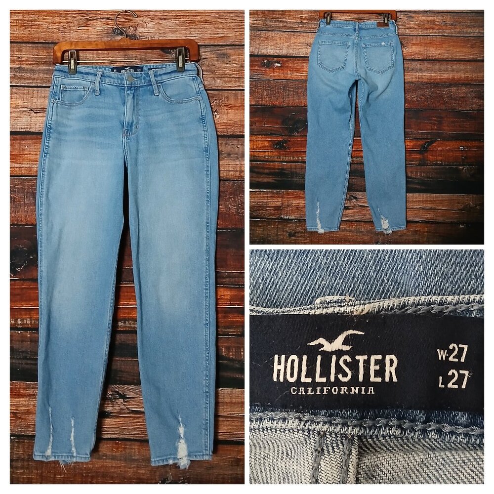 Hollister Jeans 27 High Rise Mom Ankle Crop Distressed Blue Denim Stretch